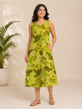 Kamal & Co. Vintage 90s Sleeveless Green Tropical Print A-Line Dress Size M